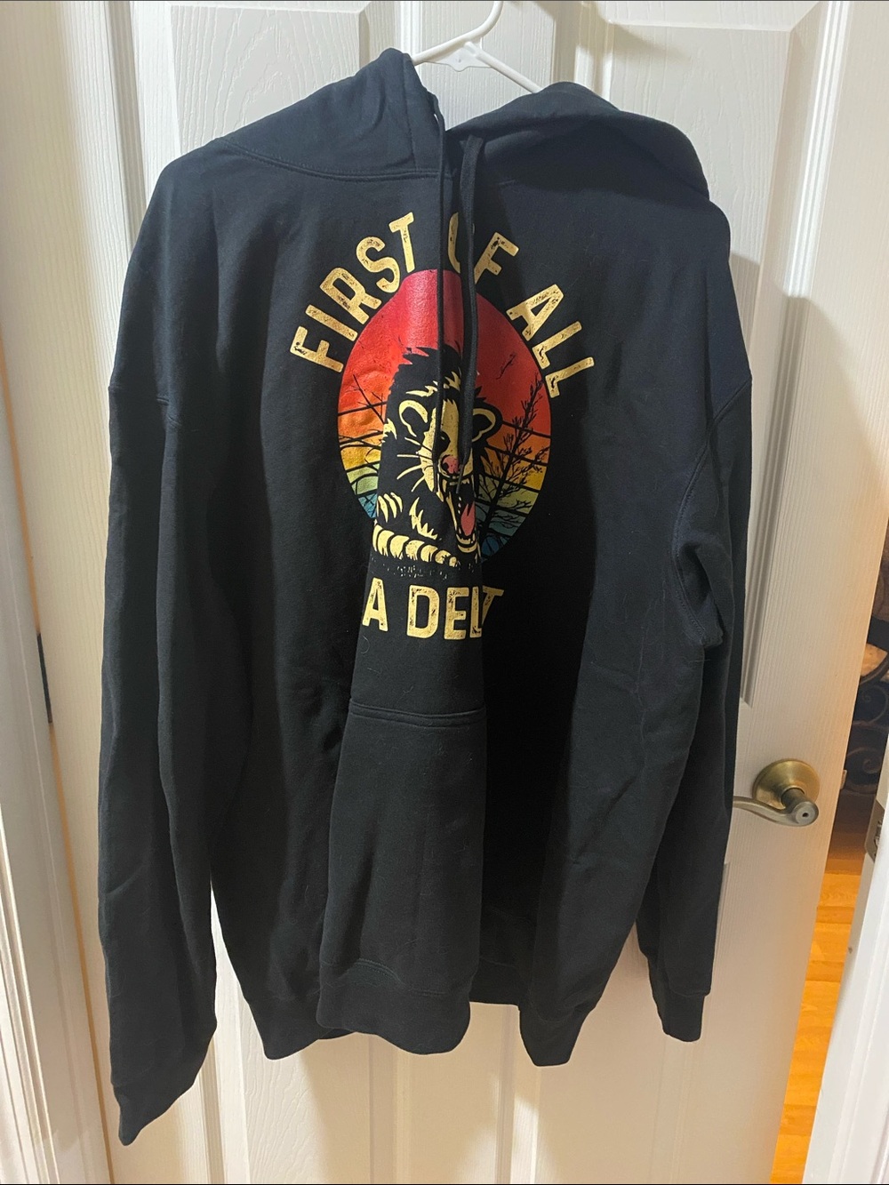 2XL Black Hoodie with Multicolor Sunset Opossum Graphic